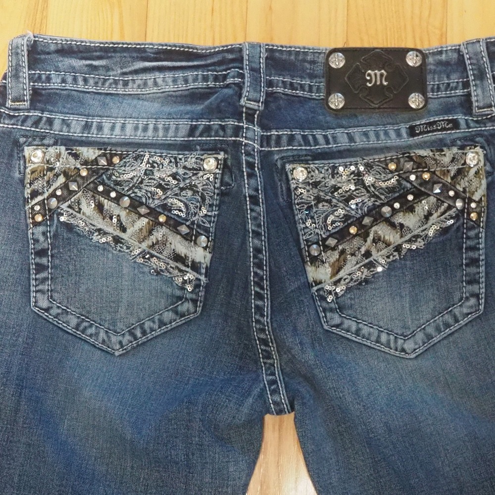 Miss Me Bootcut Jeans Sz. 32 Medium Wash Embellished Sequin Studded Animal Print
